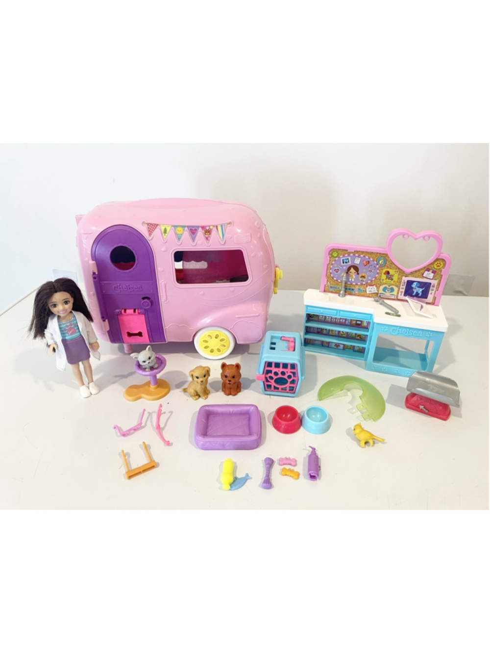 Barbie Chelsea Camper & Pet Vet Playset Lot Doll Pets Accessories Mattel